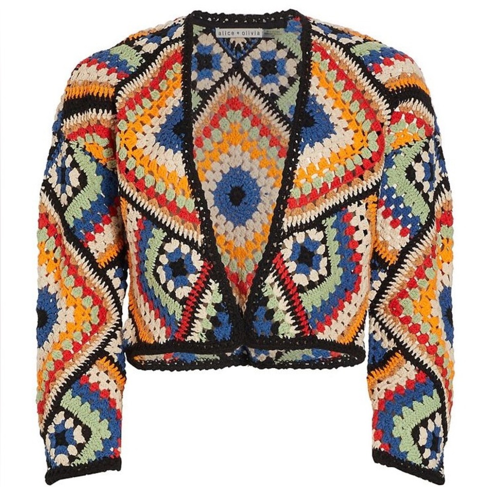 Alice and Olivia Anderson Granny Square Knit Boxy Crochet Cardigan Medium